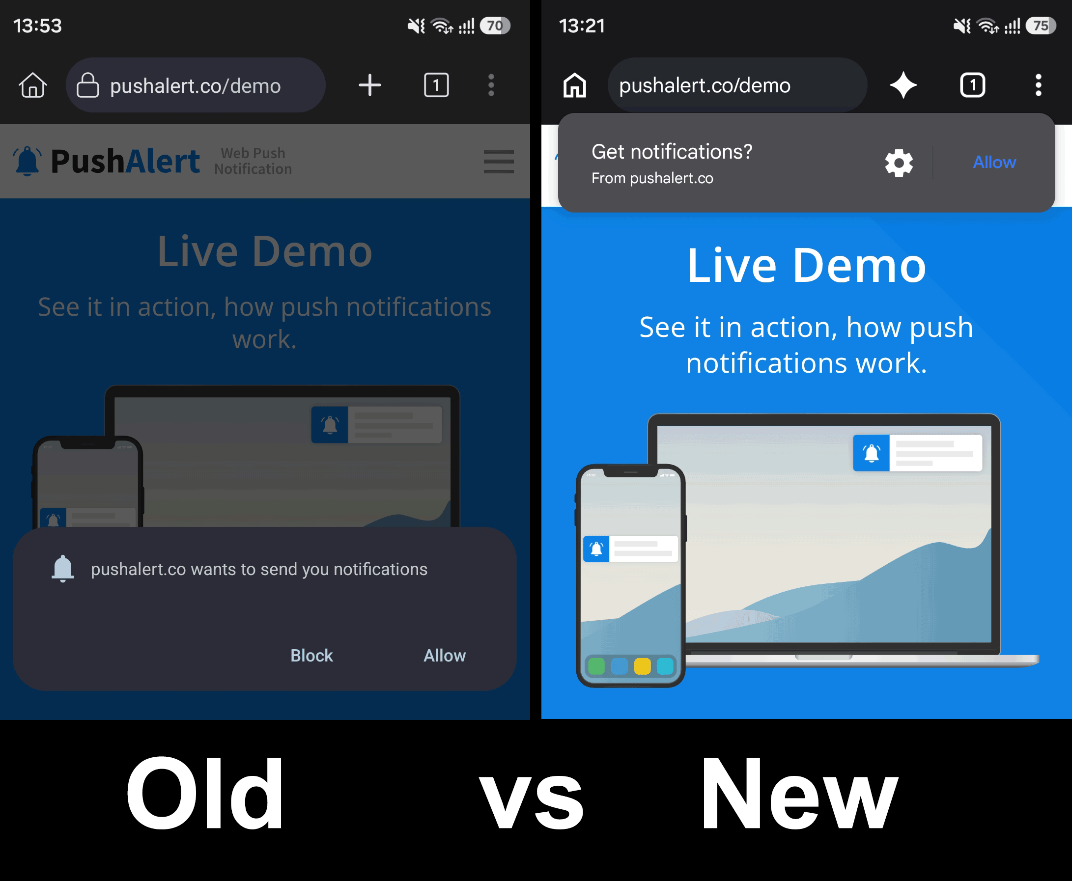 Comparing Old vs New - Chrome Web Push Permission Prompts