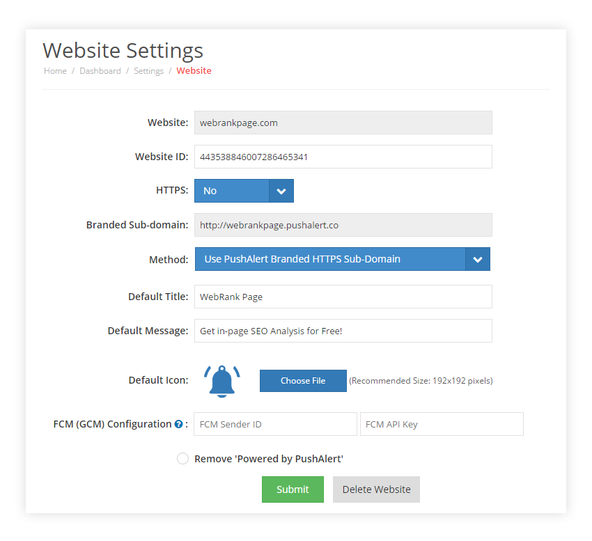 PushAlert HTTP Website Settings